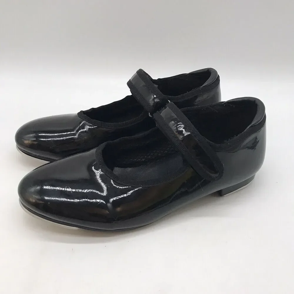 Danskin Freestyle Tap Dance Shoes Girls 13 Black Patent Leather Hook Loop Strap